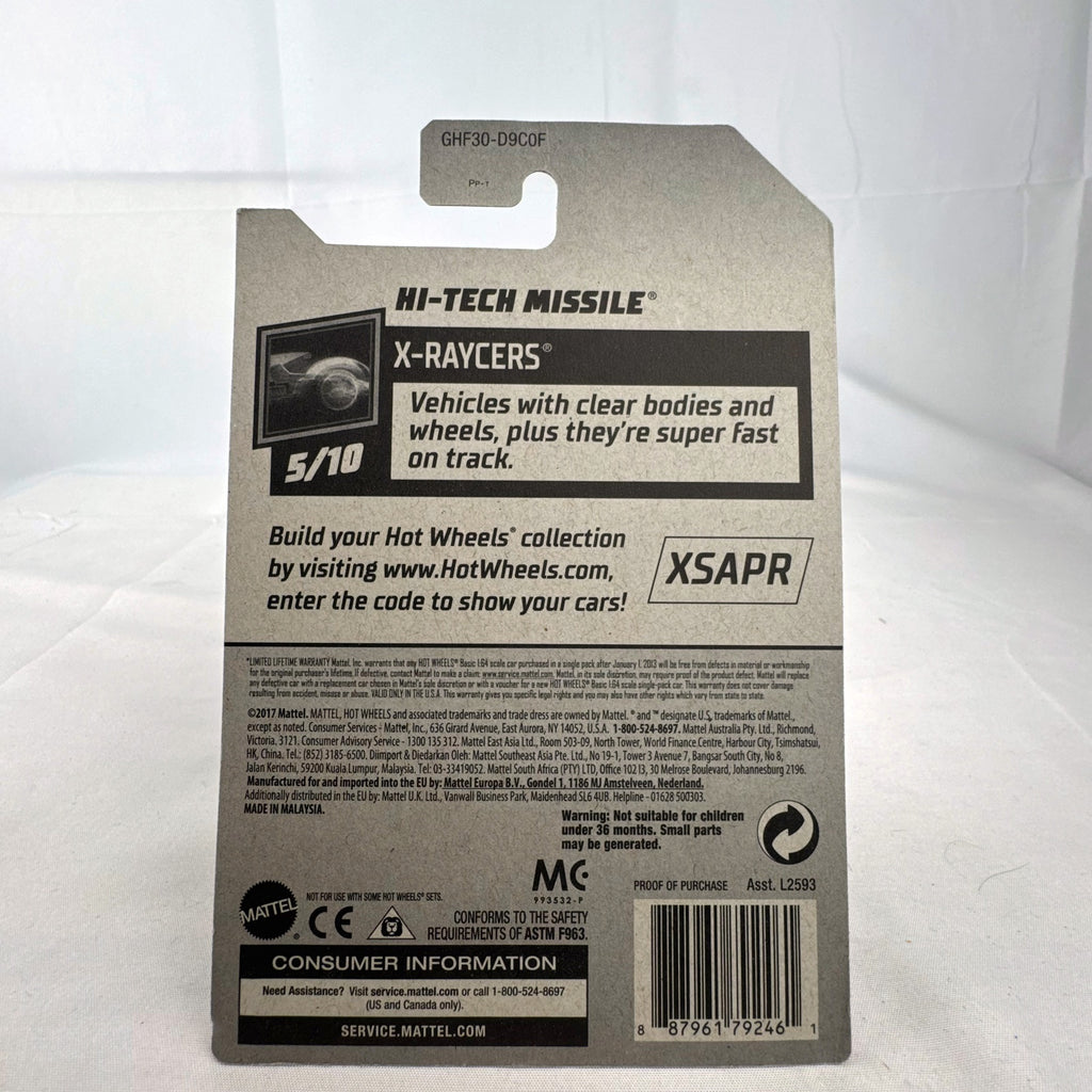 Hot Wheels 1:64 scale Hi-Tech Missile diecast car in translucent orange X-Raycers packaging.