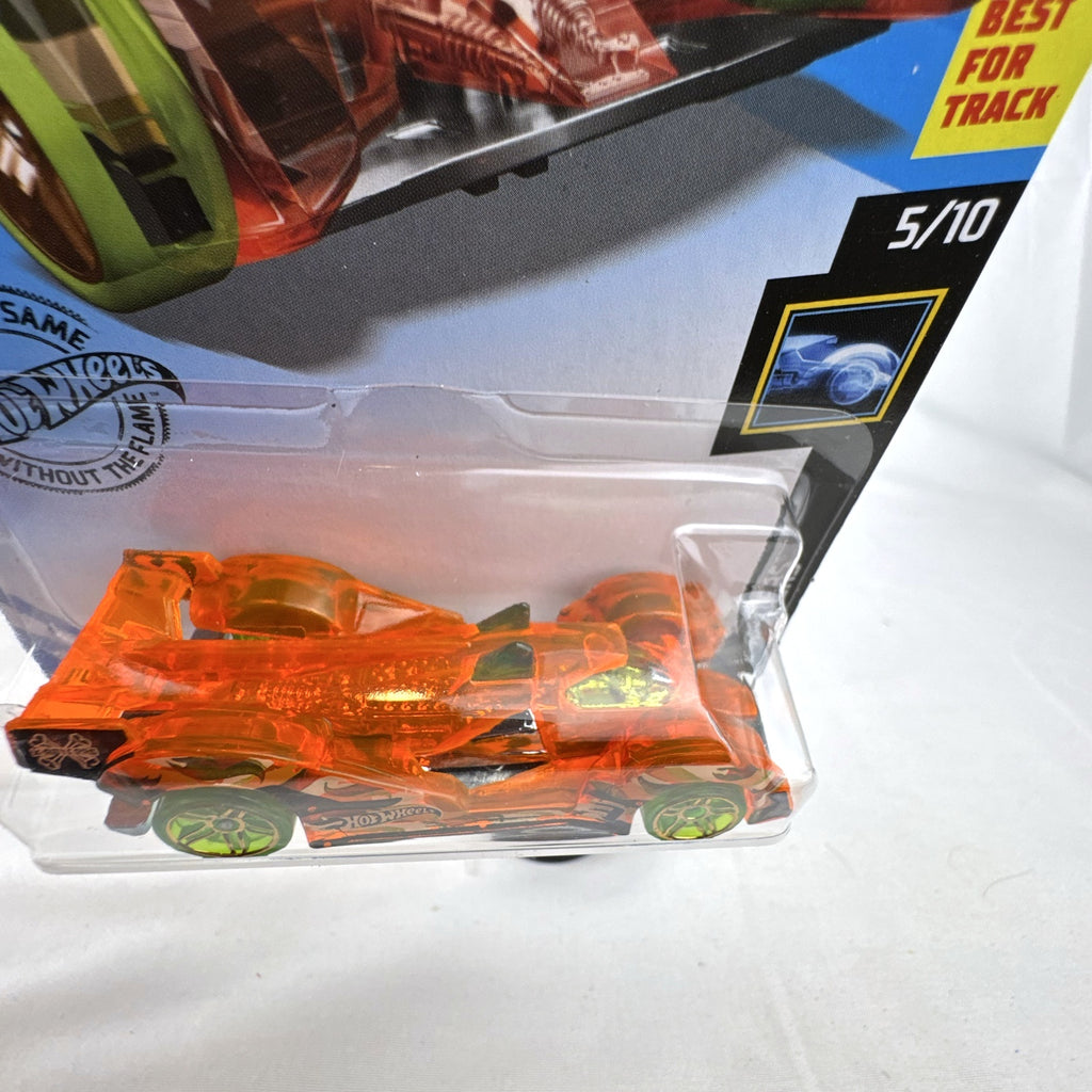 Hot Wheels 1:64 scale Hi-Tech Missile diecast car in translucent orange X-Raycers packaging.