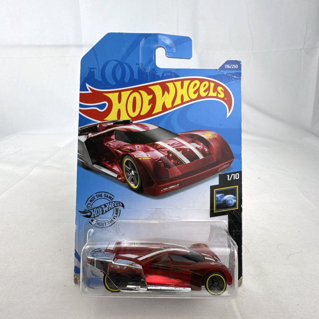 Hot Wheels Lindster Prototype 1:64 scale diecast car in translucent red sealed on original X-Raycers cardback