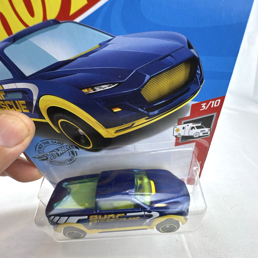 Hot Wheels 2-Tuff 1:64 scale diecast pickup truck in metallic blue HW Rescue card packaging