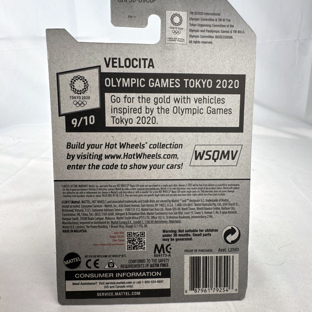 Hot Wheels 1:64 scale Velocita diecast car in white with Tokyo 2020 Olympic Swimming graphics, factory sealed.