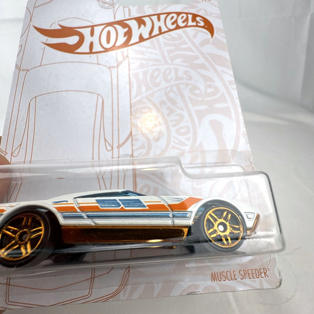 Hot Wheels Muscle Speeder 1:64 scale diecast car in Pearl and Chrome 52nd Anniversary packaging.