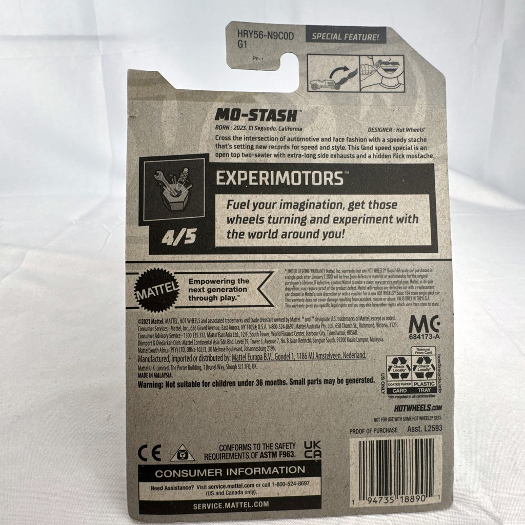 Hot Wheels Mo-Stash 1:64 diecast car in dark red with white graphics sealed on card from the 2024 Experimotors series