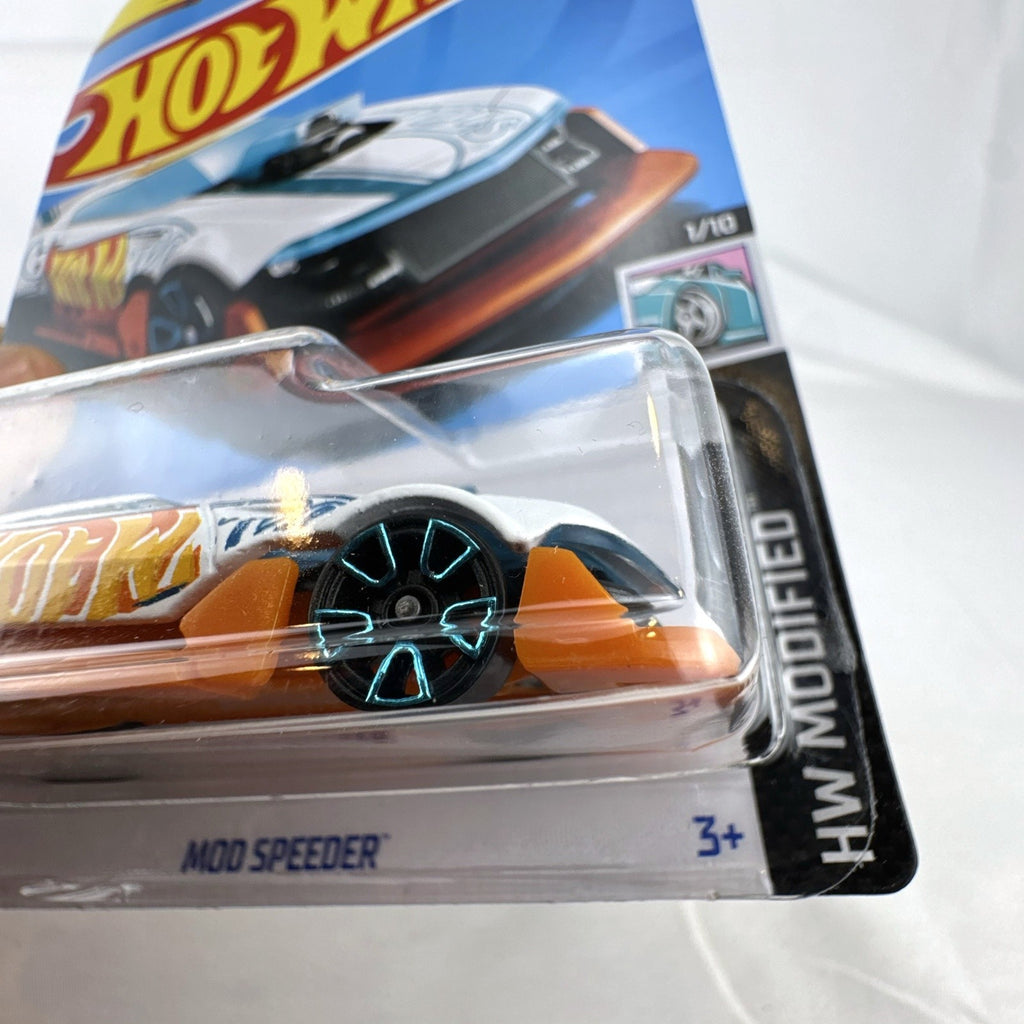 Hot Wheels Mod Speeder 1:64 scale white diecast car sealed in original HW Modified card packaging.