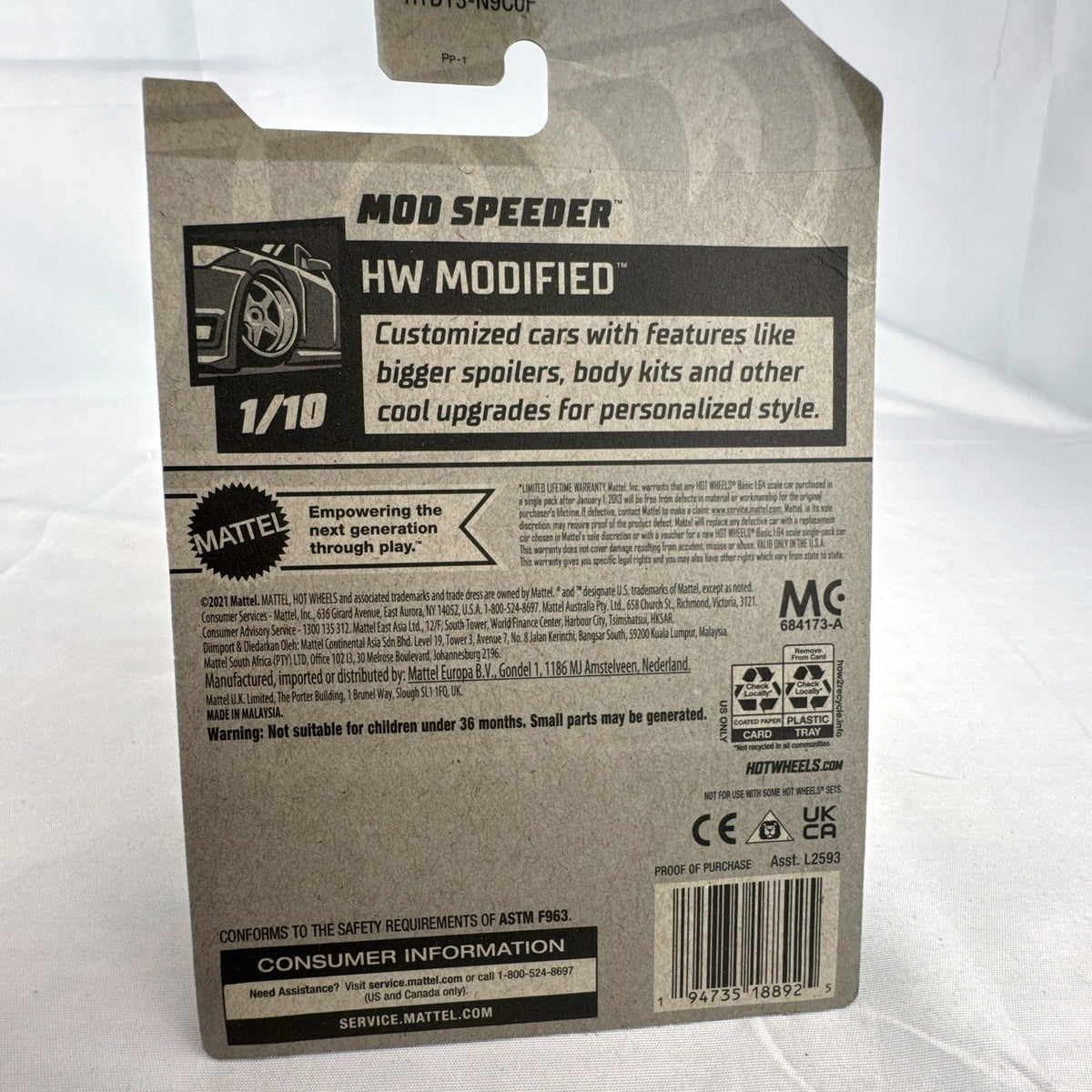 Hot Wheels Mod Speeder 1:64 scale white diecast car sealed in original HW Modified card packaging.