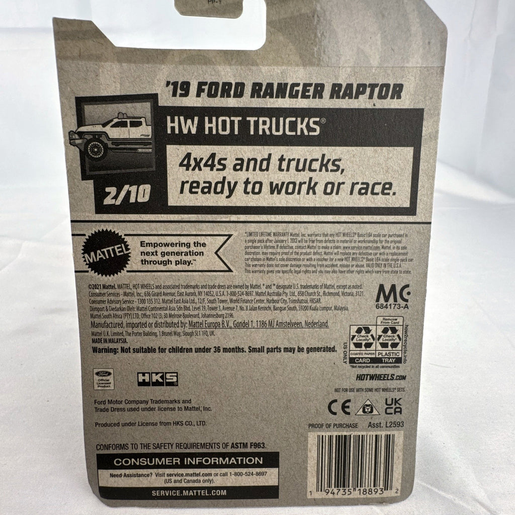 Hot Wheels 2019 Ford Ranger Raptor 1:64 diecast truck in dark blue with HKS livery sealed on original card.