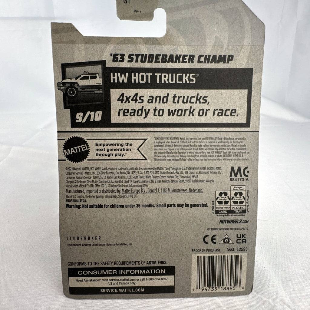 Hot Wheels 1:64 1963 Studebaker Champ diecast pickup truck in dark red metallic on original sealed card