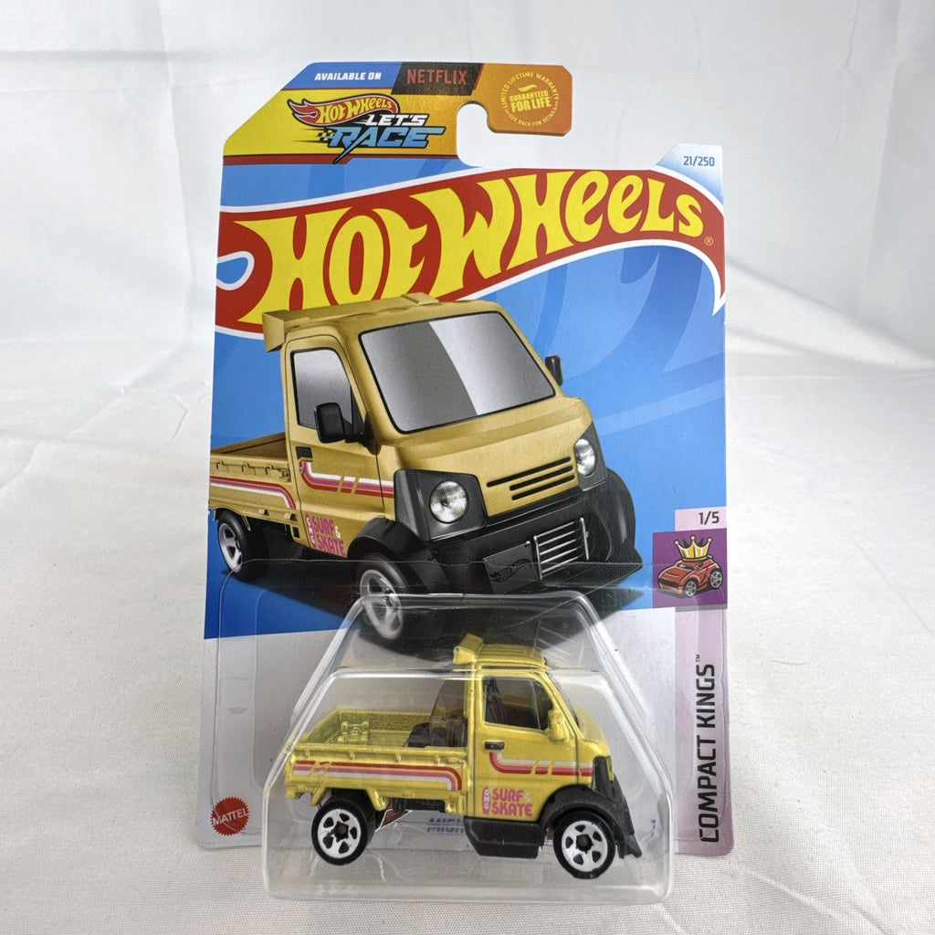 Hot Wheels Mighty K 1:64 diecast Kei pickup truck in metallic gold sealed on original Compact Kings card