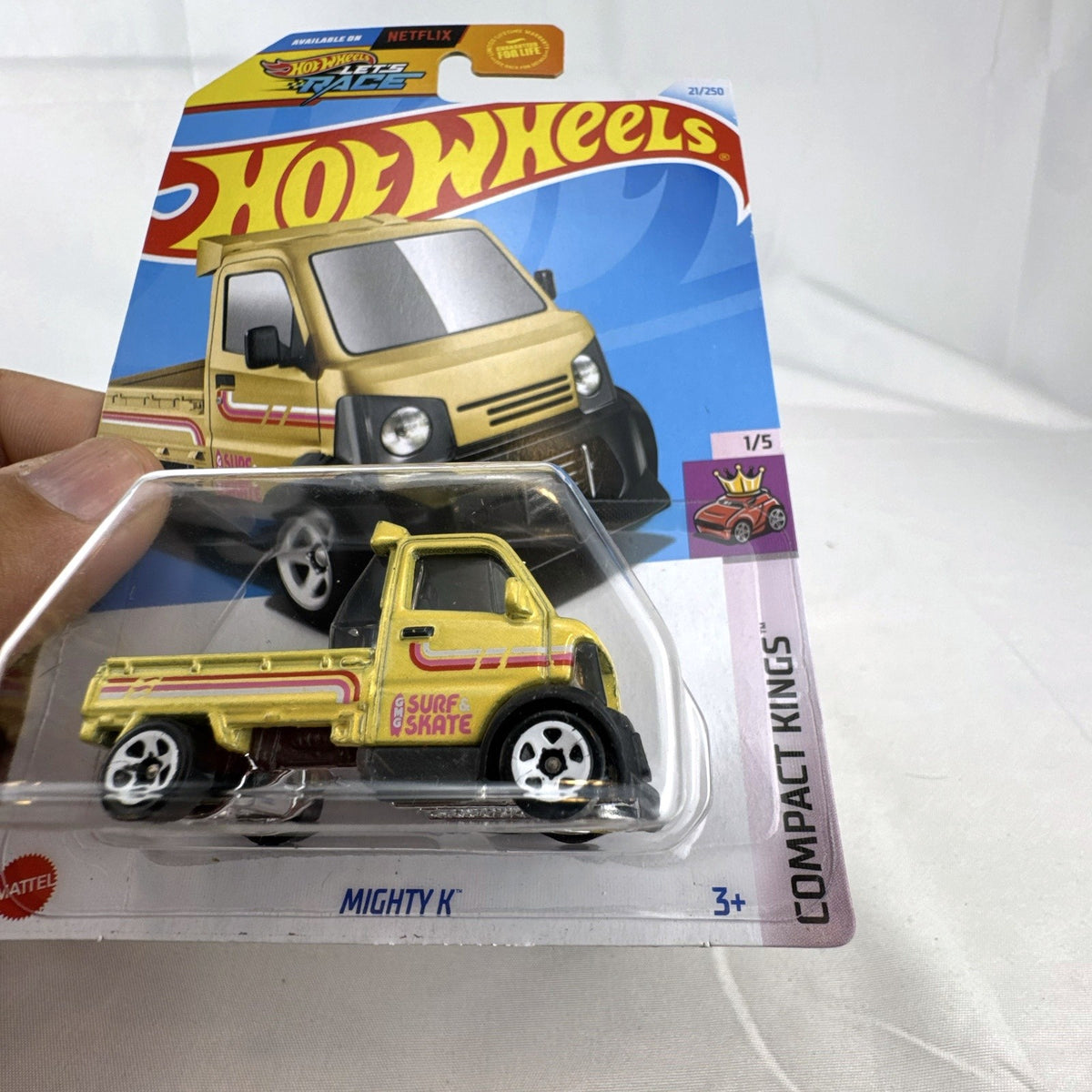 Hot Wheels Mighty K 1:64 diecast Kei pickup truck in metallic gold sealed on original Compact Kings card