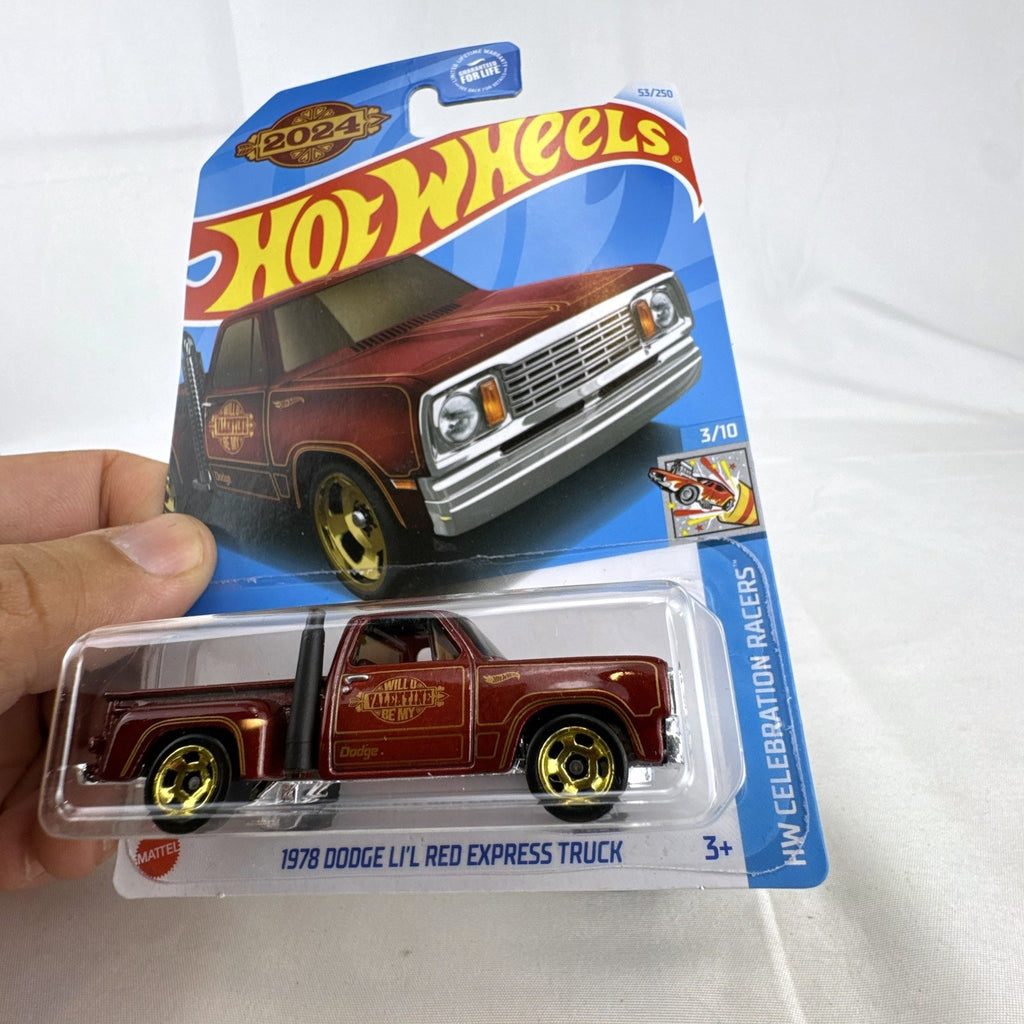 Hot Wheels 1:64 scale 1978 Dodge Li'l Red Express Truck diecast in sealed Valentine's Day HW Celebration Racers blister card