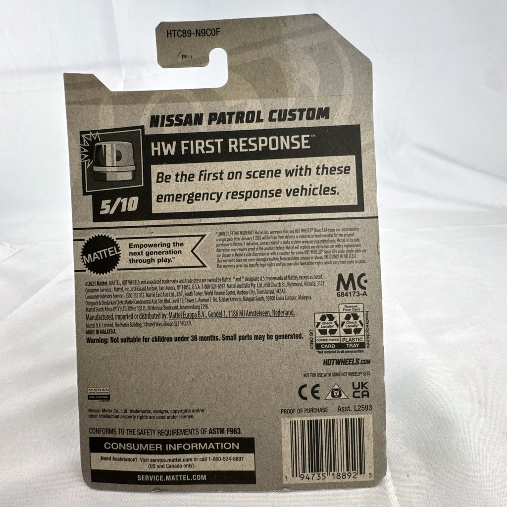 Hot Wheels Nissan Patrol Custom 1:64 diecast truck in green Mountain Rescue livery sealed on card.