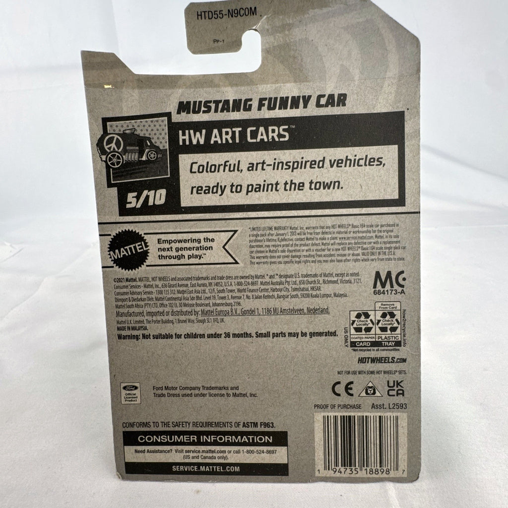 Sealed Hot Wheels 1:64 scale Ford Mustang Funny Car in yellow with HW Art Cars graphics on original packaging.
