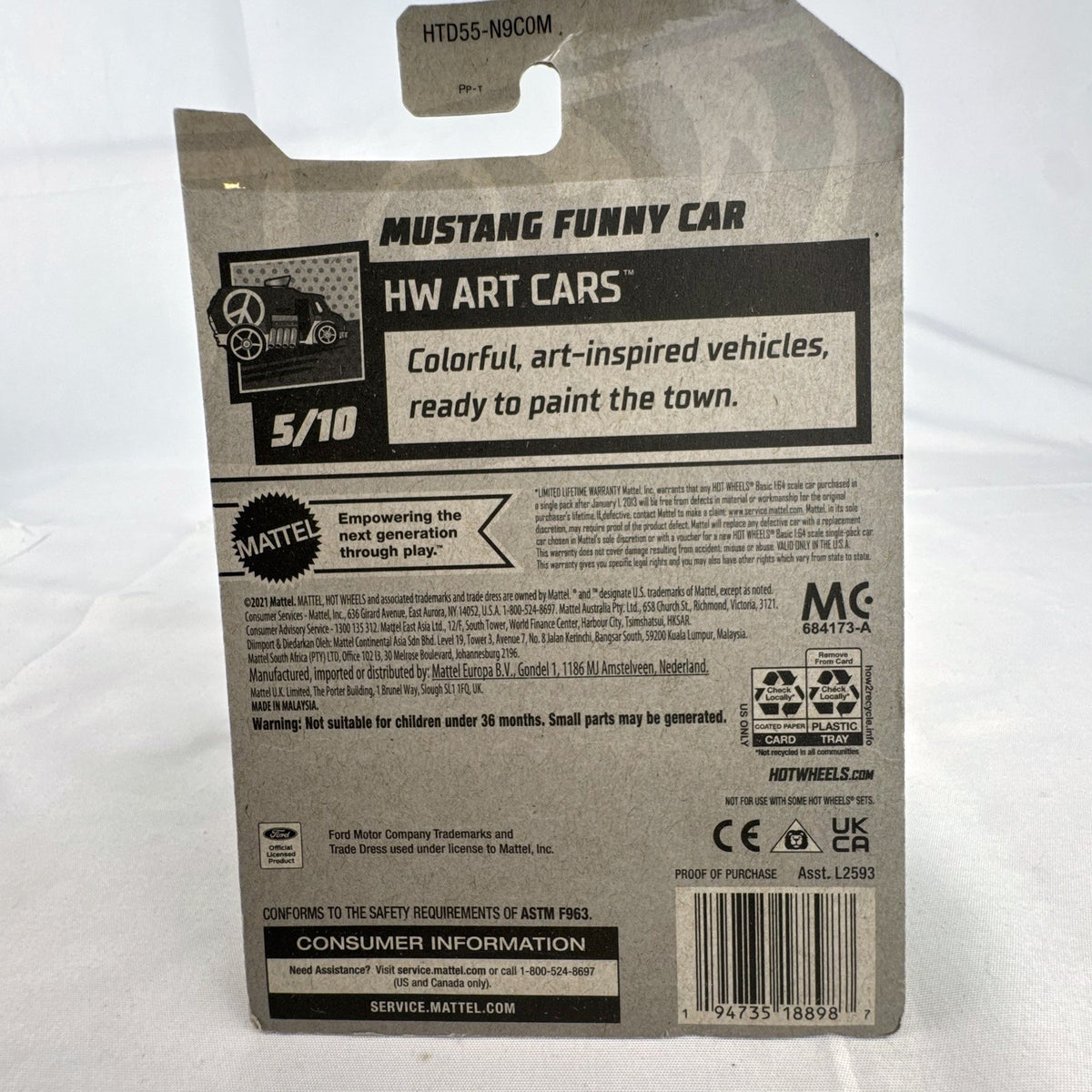 Sealed Hot Wheels 1:64 scale Ford Mustang Funny Car in yellow with HW Art Cars graphics on original packaging.