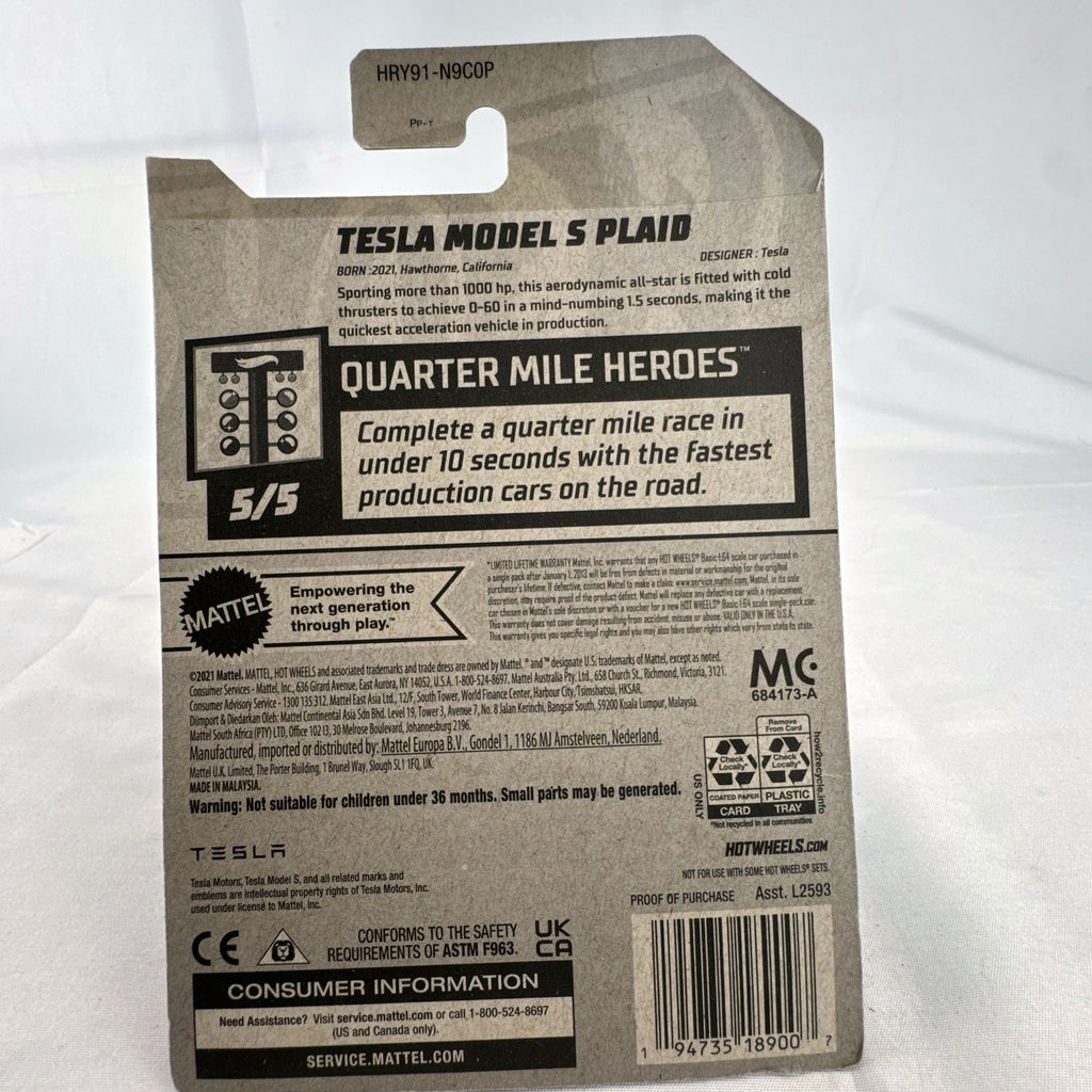 Factory sealed Hot Wheels 1:64 scale Tesla Model S Plaid diecast car in metallic blue on original 2024 card.