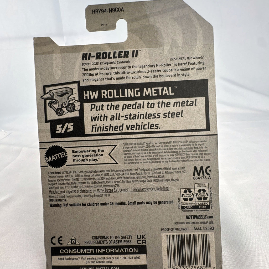Hot Wheels 1:64 scale Hi-Roller II diecast car in metallic blue from the 2024 HW Rolling Metal series, factory sealed