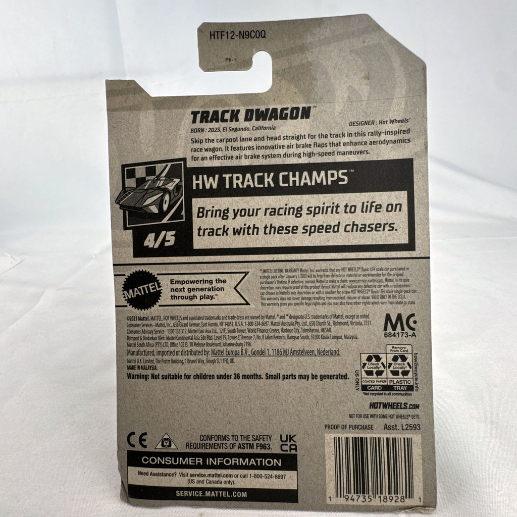 Hot Wheels 1:64 scale Track Dwagon diecast car in matte black, factory sealed on HW Track Champs cardback