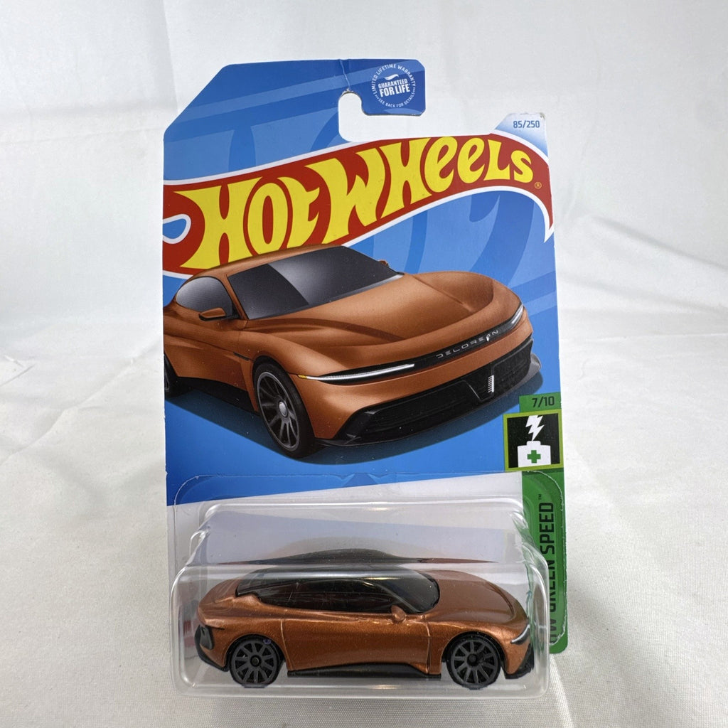 Hot Wheels 1:64 scale DeLorean Alpha5 diecast car in metallic copper sealed on original HW Green Speed card.