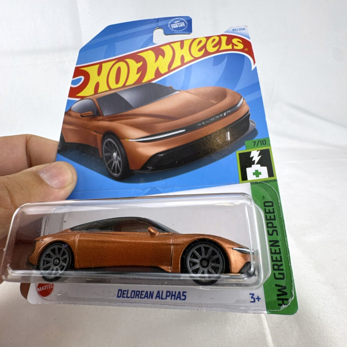 Hot Wheels 1:64 scale DeLorean Alpha5 diecast car in metallic copper sealed on original HW Green Speed card.