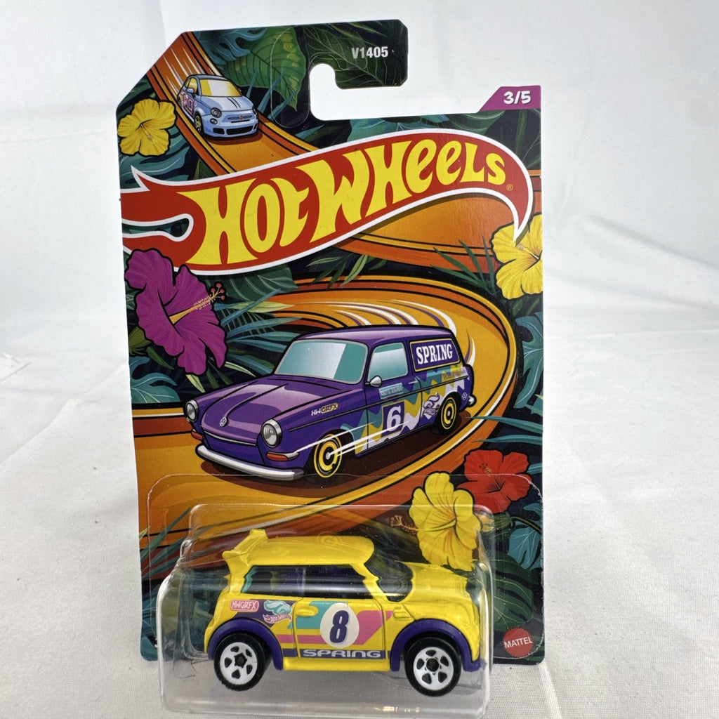 Factory sealed Hot Wheels 1:64 scale MINI Cooper S Challenge diecast car in yellow from the 2024 Spring Series.