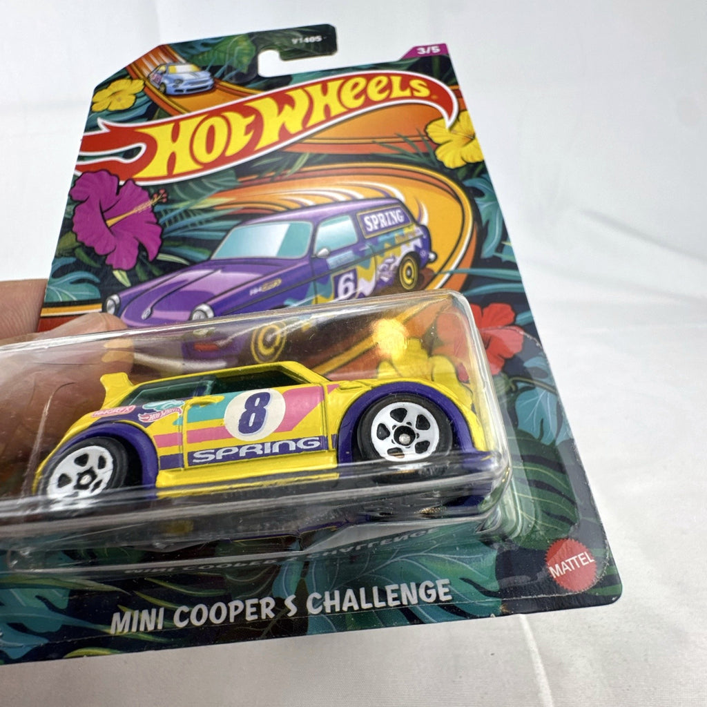 Factory sealed Hot Wheels 1:64 scale MINI Cooper S Challenge diecast car in yellow from the 2024 Spring Series.