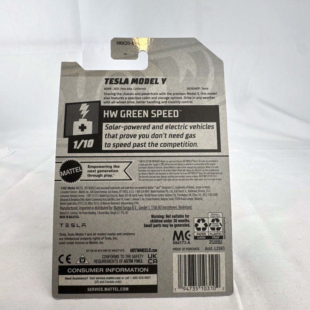Hot Wheels 1:64 scale diecast Tesla Model Y SUV in dark gray metallic inside factory sealed card packaging.