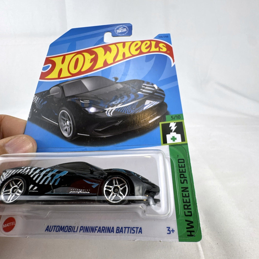 Hot Wheels 1:64 scale Automobili Pininfarina Battista diecast car in black, factory sealed on card