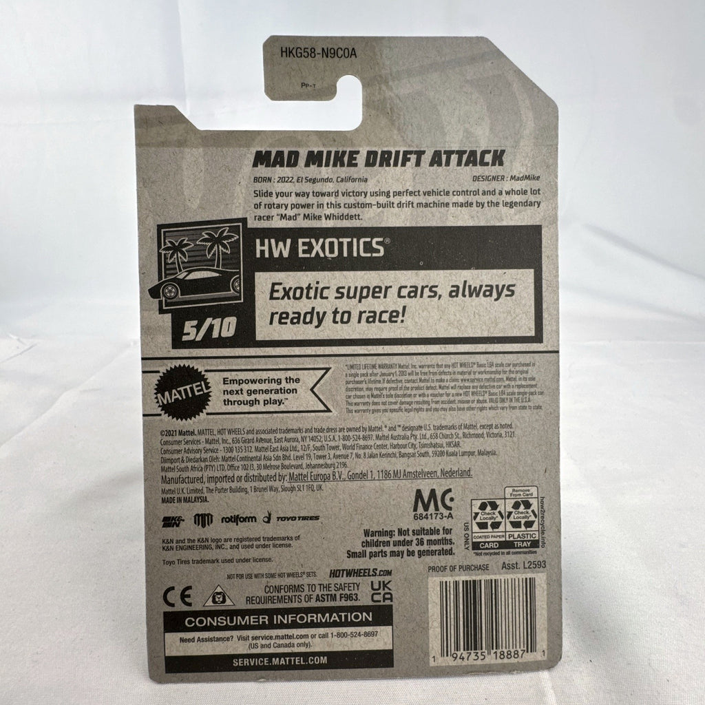 Hot Wheels 1:64 scale Mad Mike Drift Attack diecast car in white with race graphics, factory sealed on original card