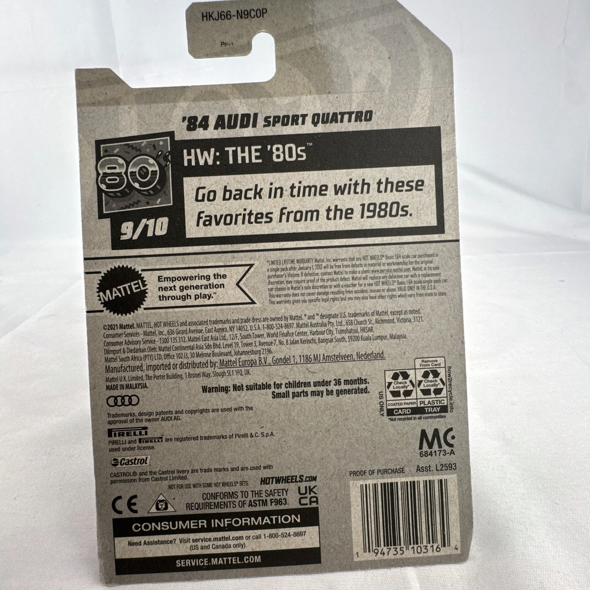 Hot Wheels 1:64 scale 1984 Audi Sport Quattro diecast rally car in white with original card packaging.