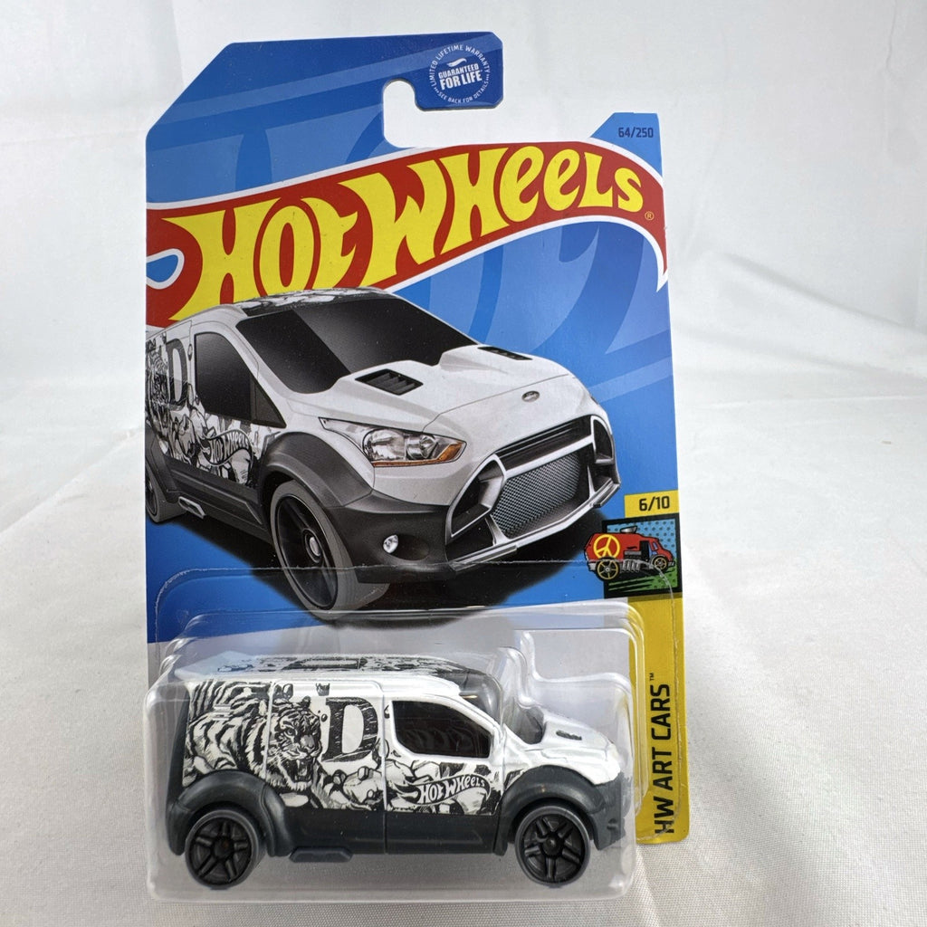 Hot Wheels 1:64 scale Ford Transit Connect diecast van from the HW Art Cars series in original packaging.