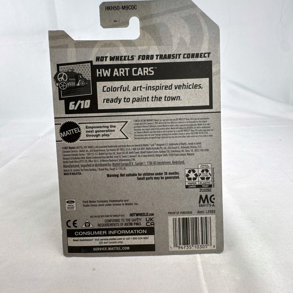 Hot Wheels 1:64 scale Ford Transit Connect diecast van from the HW Art Cars series in original packaging.
