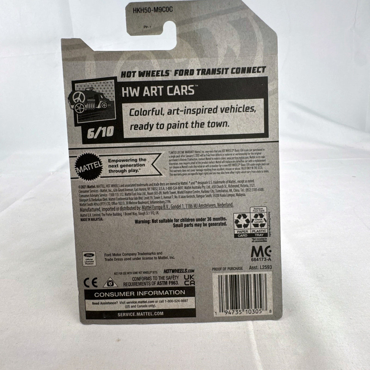 Hot Wheels 1:64 scale Ford Transit Connect diecast van from the HW Art Cars series in original packaging.