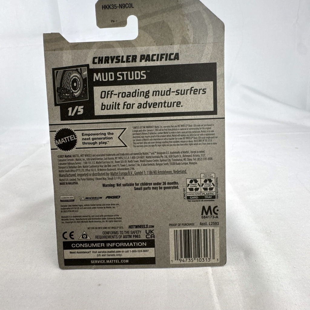 Sealed Hot Wheels 1:64 Chrysler Pacifica Mud Studs diecast van in green camouflage packaging.