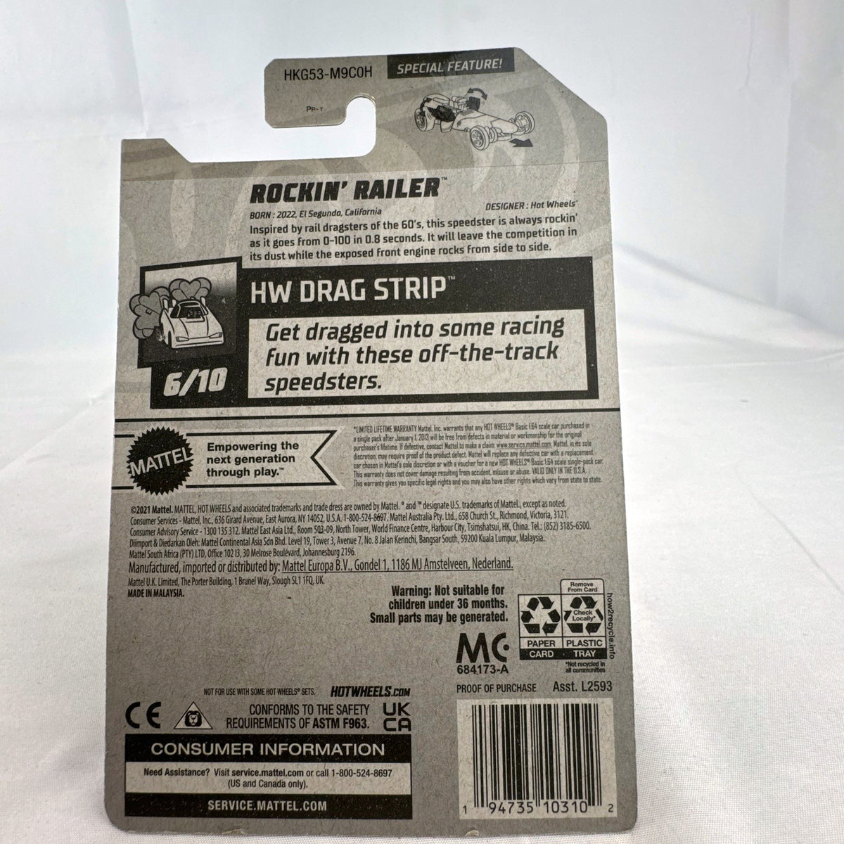 Hot Wheels Rockin' Railer 1:64 scale diecast dragster car in factory sealed packaging