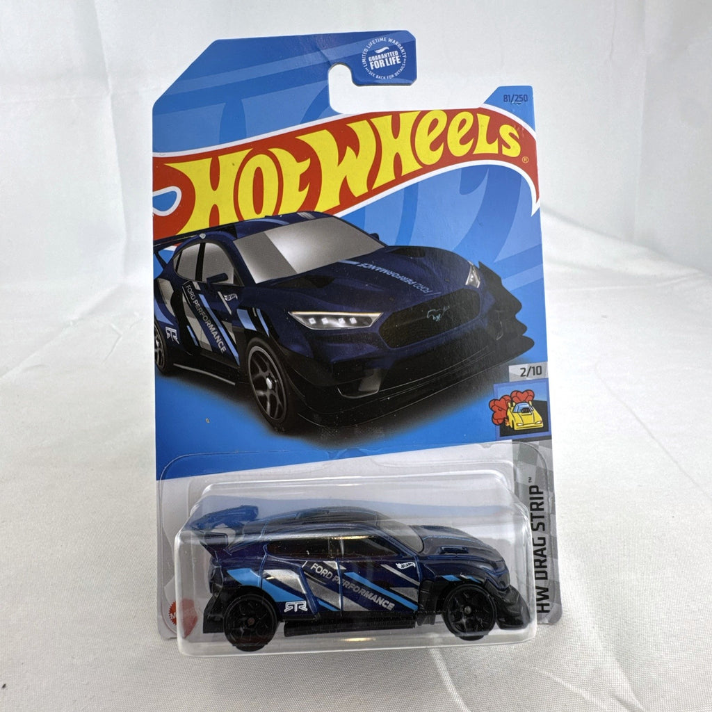 Hot Wheels 1:64 scale dark blue Ford Mustang Mach-E 1400 diecast car in original blister card packaging.