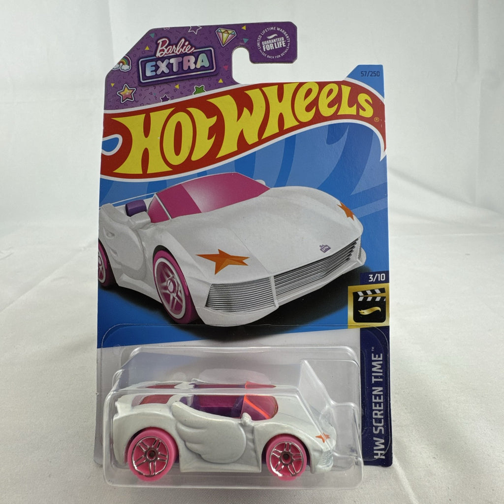 Hot Wheels Barbie Extra 1:64 white diecast convertible car sealed on original HW Screen Time cardback.