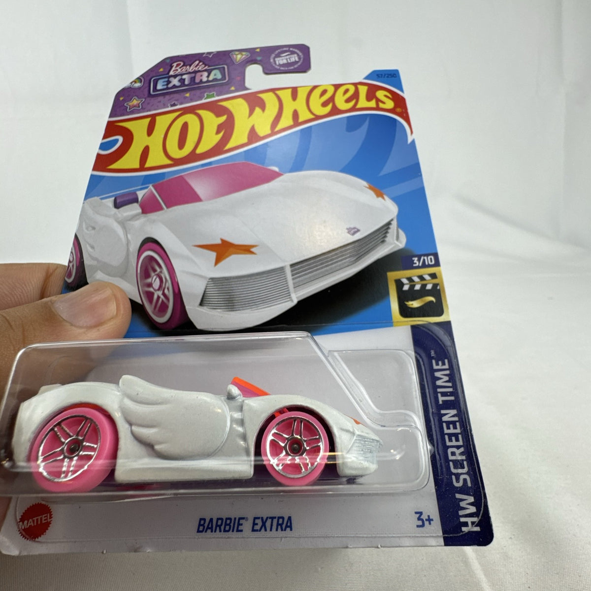 Hot Wheels Barbie Extra 1:64 white diecast convertible car sealed on original HW Screen Time cardback.