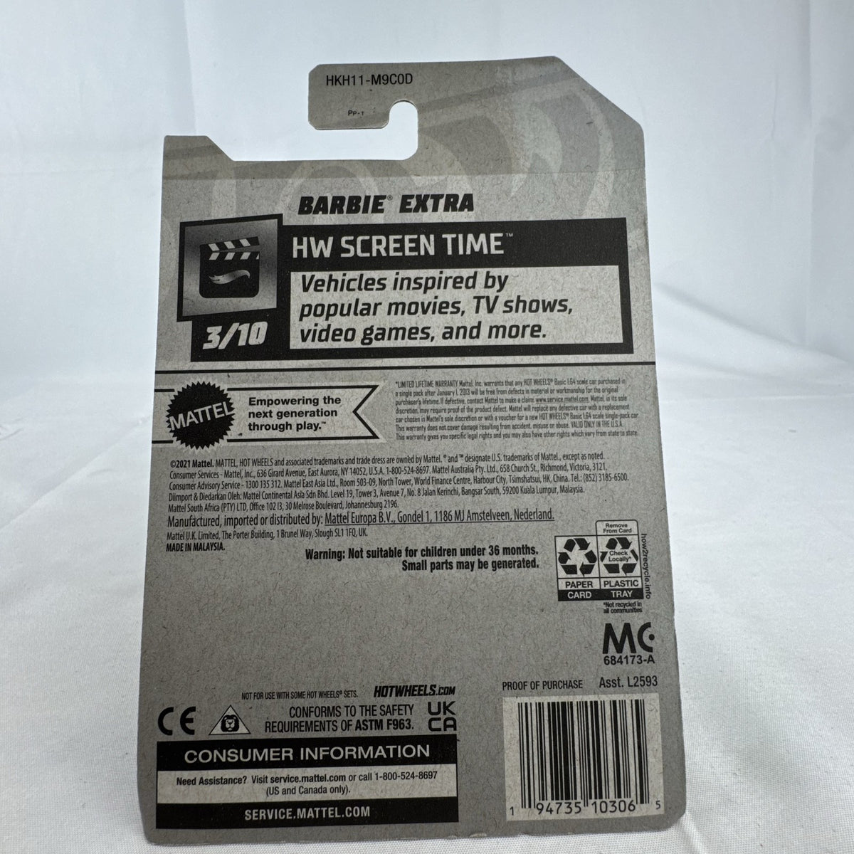 Hot Wheels Barbie Extra 1:64 white diecast convertible car sealed on original HW Screen Time cardback.