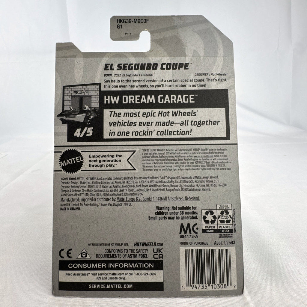 Hot Wheels 1:64 scale El Segundo Coupe diecast car in silver, sealed on original HW Dream Garage card.