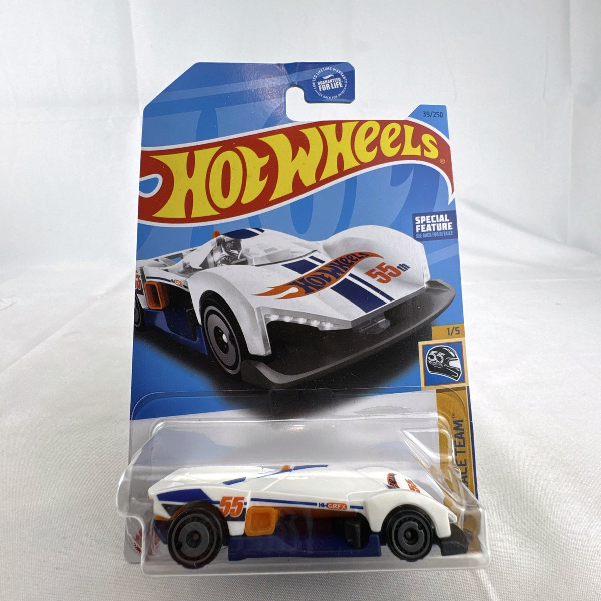 Hot Wheels 1:64 scale Turbine Sublime diecast car in white 55th Anniversary Race Team livery packaged on card.