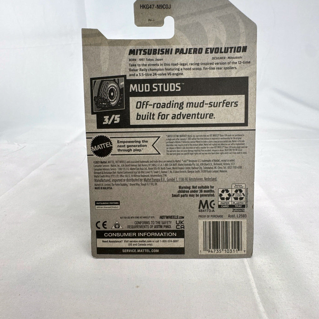 Hot Wheels 1:64 scale red Mitsubishi Pajero Evolution Ralliart diecast SUV in original packaging