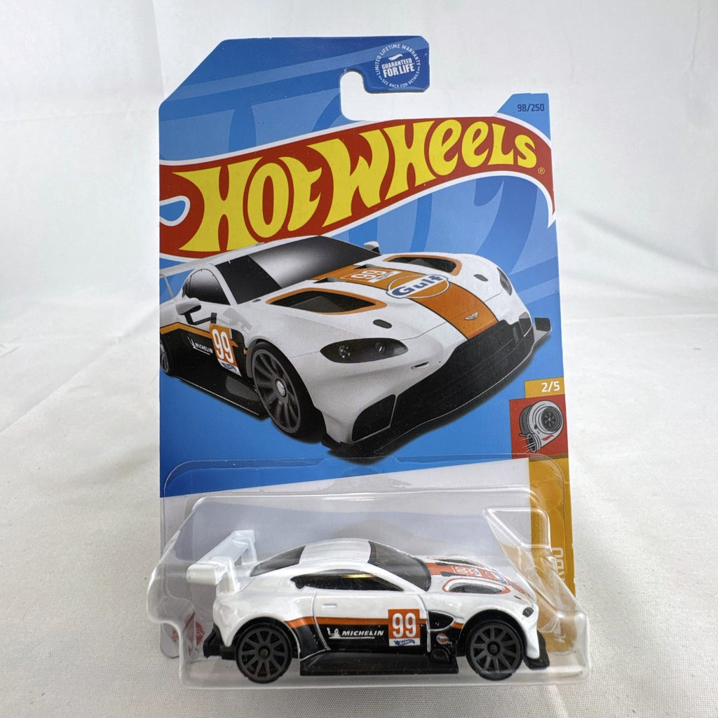 Hot Wheels 1:64 scale Aston Martin Vantage GTE diecast car in white Gulf Oil livery inside original packaging