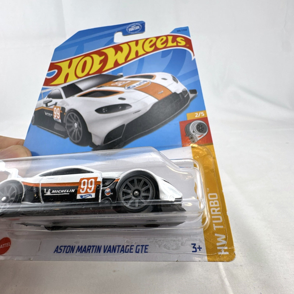 Hot Wheels 1:64 scale Aston Martin Vantage GTE diecast car in white Gulf Oil livery inside original packaging