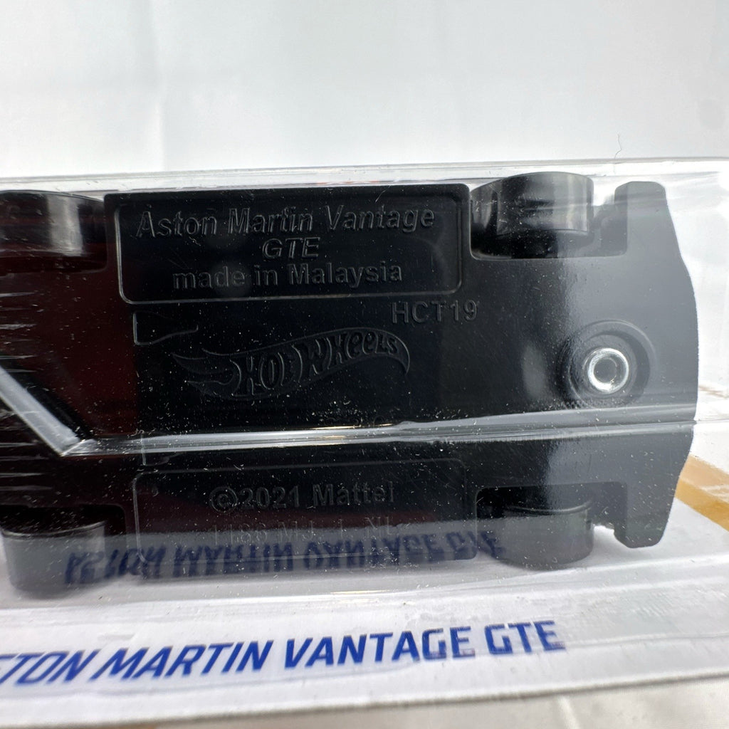 Hot Wheels 1:64 scale Aston Martin Vantage GTE diecast car in white Gulf Oil livery inside original packaging