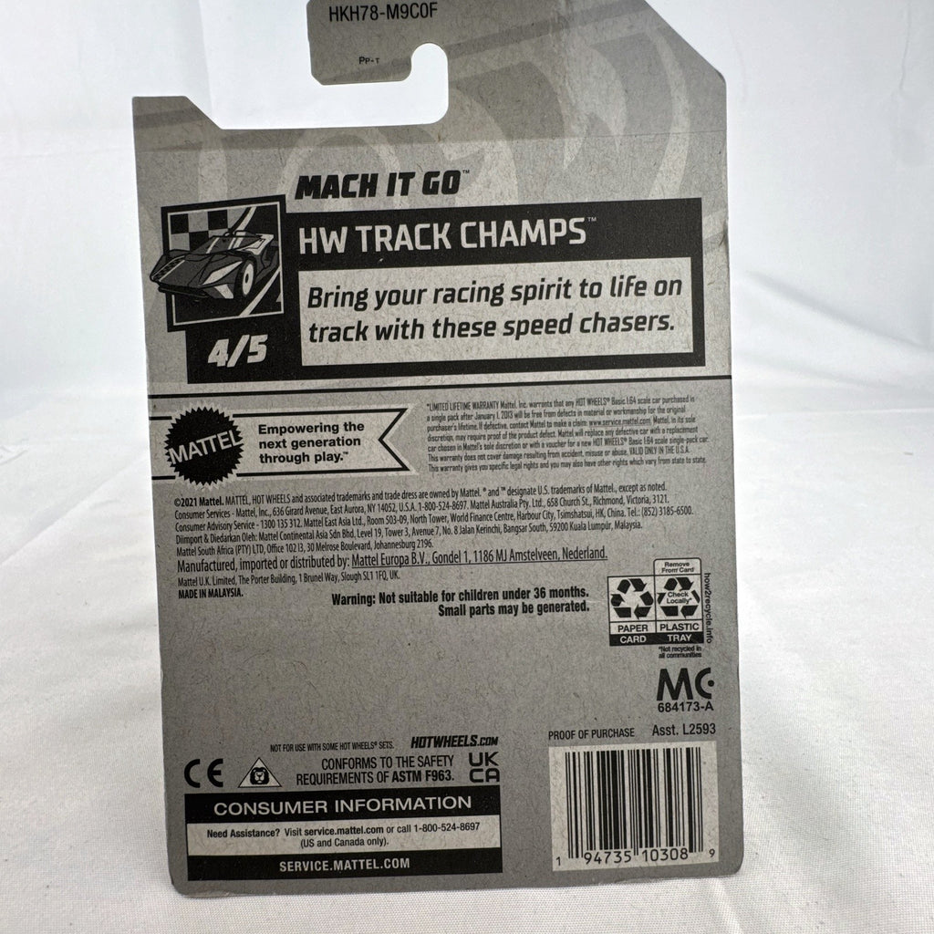 Hot Wheels Mach It Go 1:64 scale diecast car in translucent green sealed on original HW Track Champs blister card.
