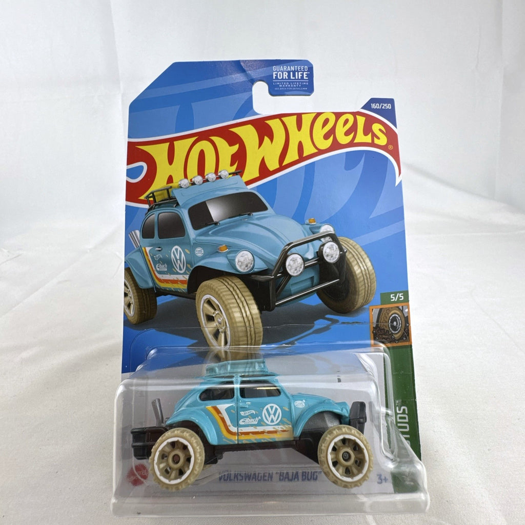 Hot Wheels 1:64 scale Volkswagen Baja Bug diecast car in light blue from the Mud Studs series sealed on card