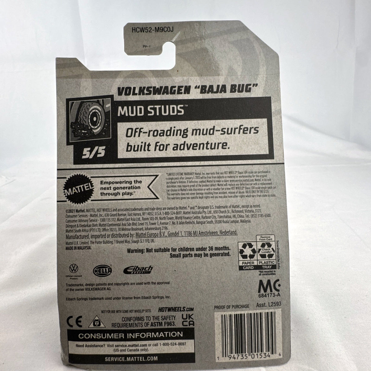 Hot Wheels 1:64 scale Volkswagen Baja Bug diecast car in light blue from the Mud Studs series sealed on card