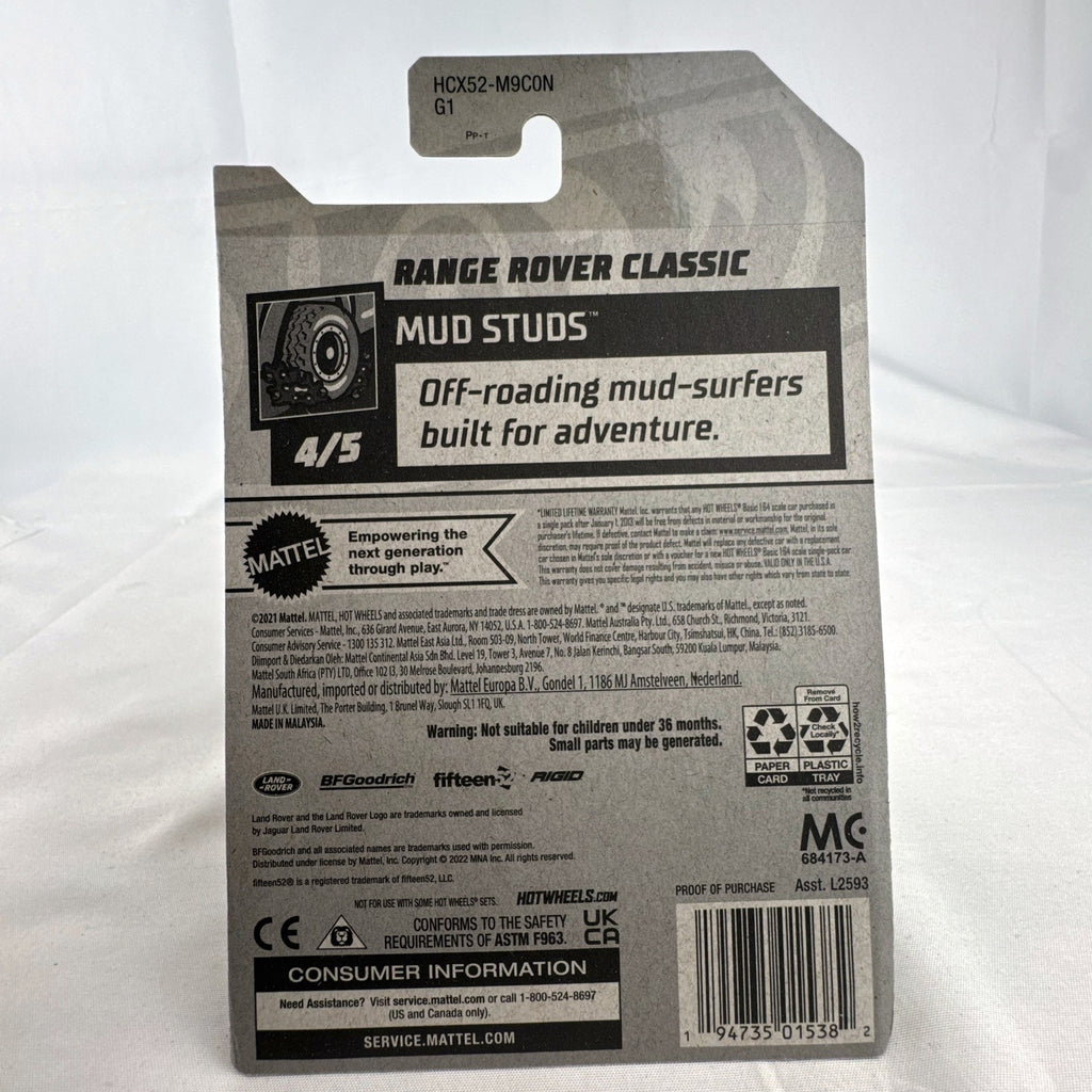 Hot Wheels 1:64 scale Land Rover Range Rover Classic Mud Studs diecast SUV in yellow blister package