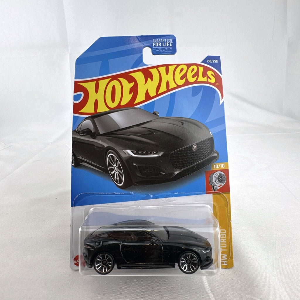 Hot Wheels 2020 Jaguar F-Type 1:64 scale diecast car in gloss black, factory sealed on original HW Turbo packaging card.