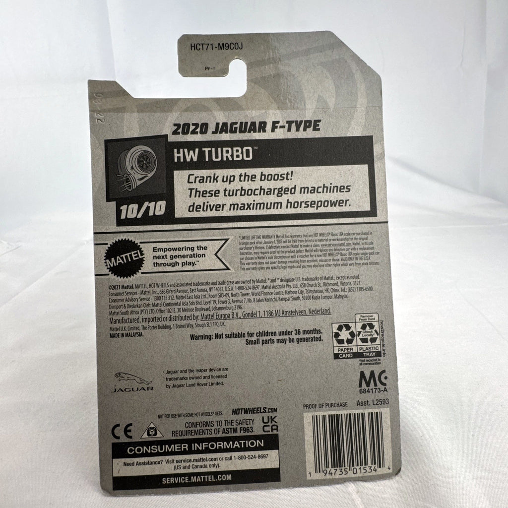 Hot Wheels 2020 Jaguar F-Type 1:64 scale diecast car in gloss black, factory sealed on original HW Turbo packaging card.