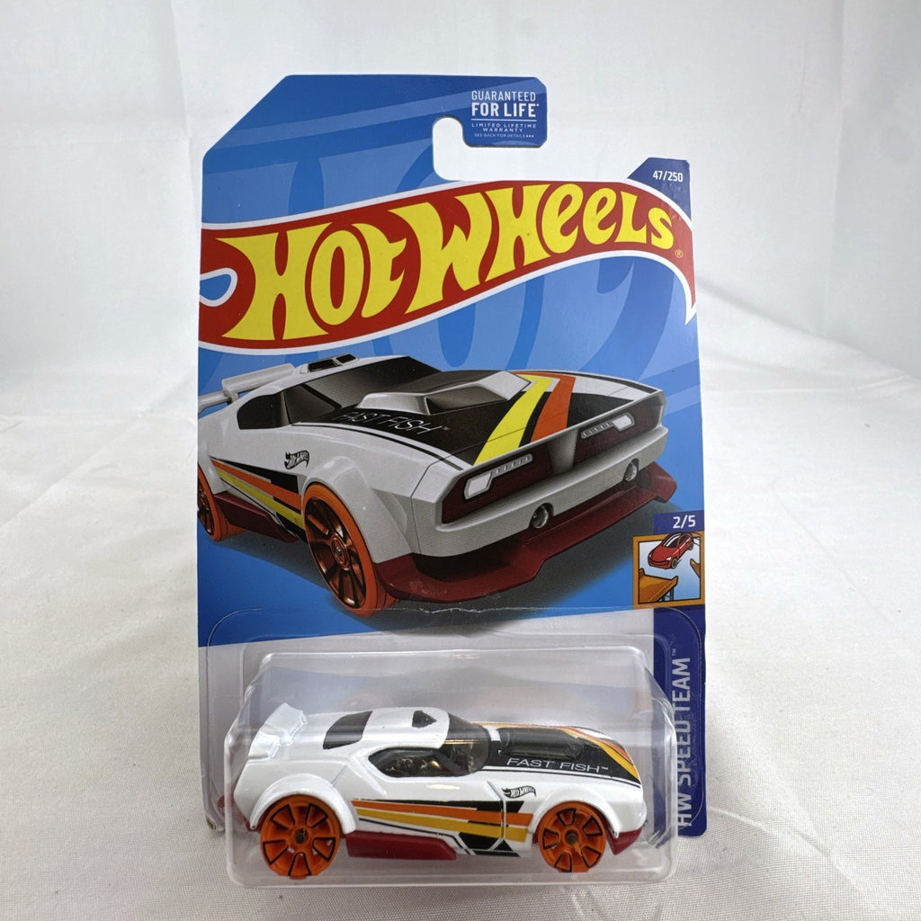 Hot Wheels 1:64 Fast Fish diecast car in white with orange wheels on original sealed blister card